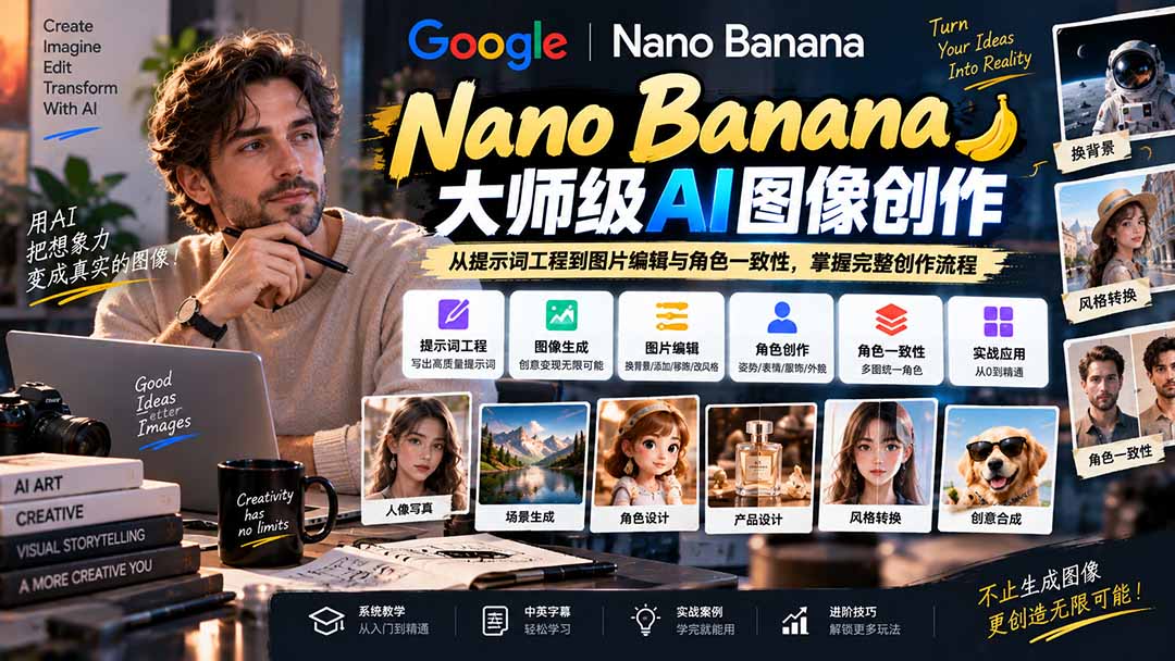 （20609期）【无水印】Nano Banana大师级AI图像实战课：从提示词工程到图片编辑与角色一致性，掌握完整创作流程-宇文网创