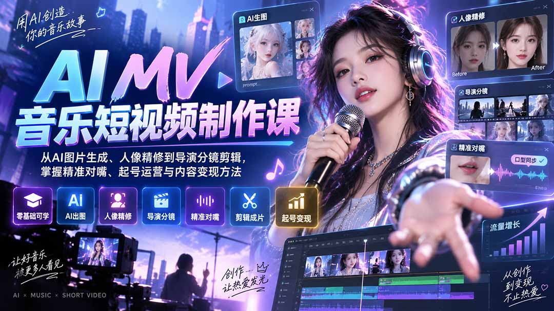 (20364期)AI MV音乐短视频制作课:从AI图片生成、人像精修到导演分镜剪辑,掌握精准对嘴、起号运营与内容变现方法-宇文网创