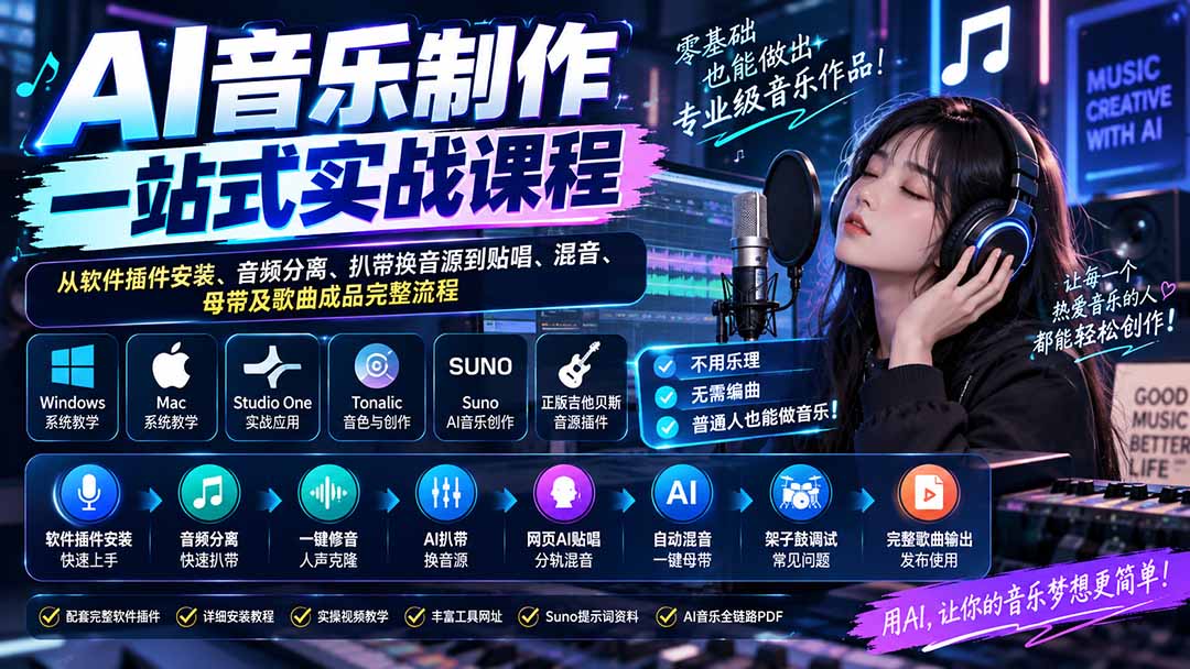（20490期）AI音乐制作一站式实战课程：从软件插件安装、音频分离、扒带换音源到贴唱、混音、母带及歌曲成品完整流程-宇文网创