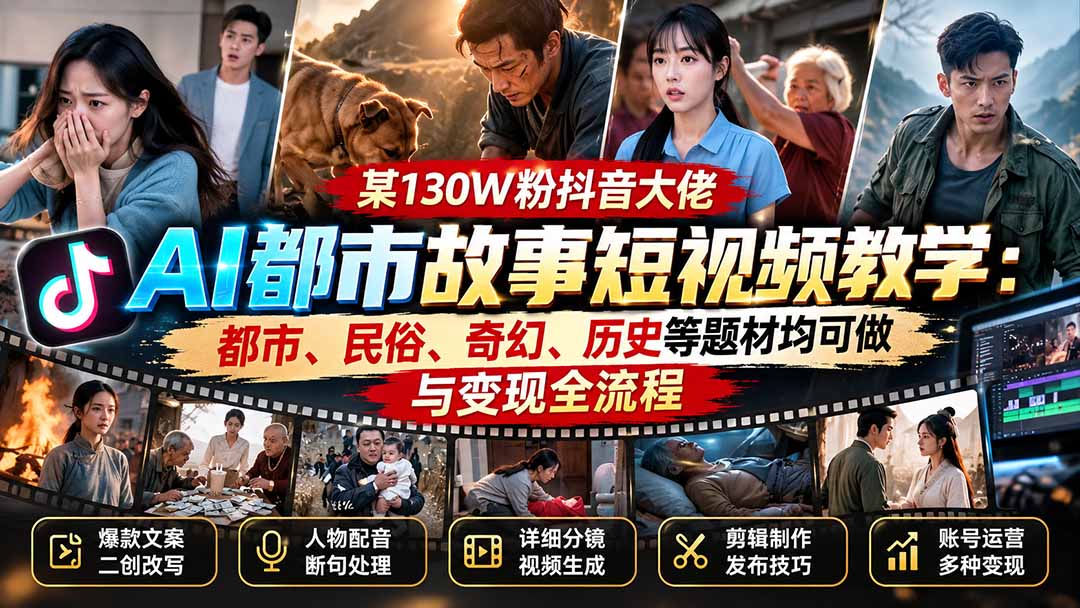 （20692期）某130W粉抖音大佬AI都市故事短视频教学：都市、民俗、奇幻、历史等题材均可做与变现全流程-宇文网创