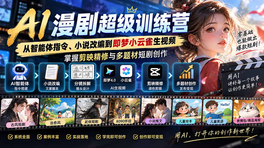 （20491期）AI漫剧超级特训营：从智能体指令、小说改编到即梦小云雀生视频，掌握剪映精修与多题材短剧创作-宇文网创