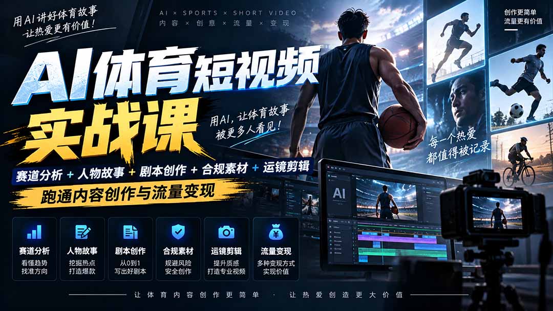 （20515期）AI体育短视频赛道顶级玩法｜赛道分析+人物故事+剧本创作+版权处理+运镜剪辑，跑通流量变现-日赚1K+-宇文网创