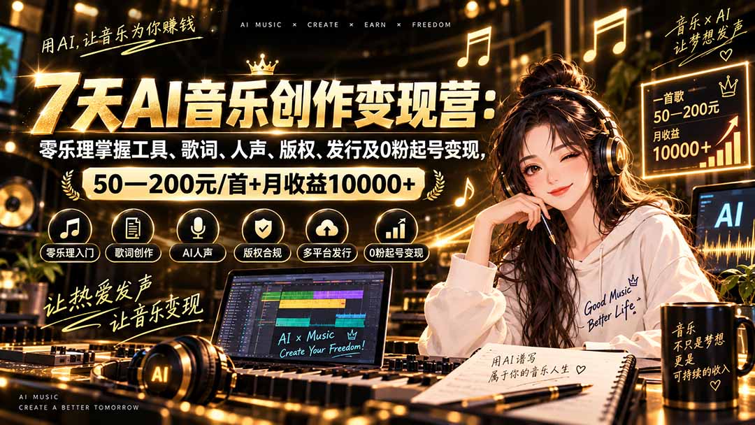 (20442期)AI音乐创作变现营:零乐理掌握工具、歌词、人声、版权、发行及0粉起号变现,50—200元/首+月收益10000+-宇文网创