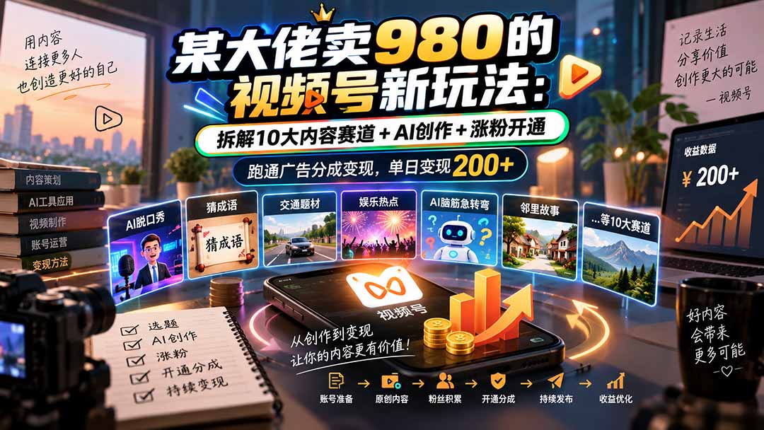 (20573期)某大佬卖980的视频号新玩法:拆解10大内容赛道+AI创作+涨粉开通,跑通广告分成变现,单日变现200+-宇文网创