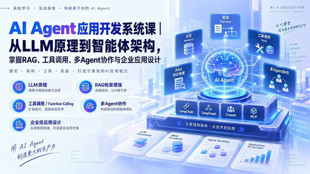 （20564期）AI Agent应用开发系统课-179节｜从LLM原理到智能体架构，掌握RAG、工具调用、多Agent协作与企业应用设计-宇文网创