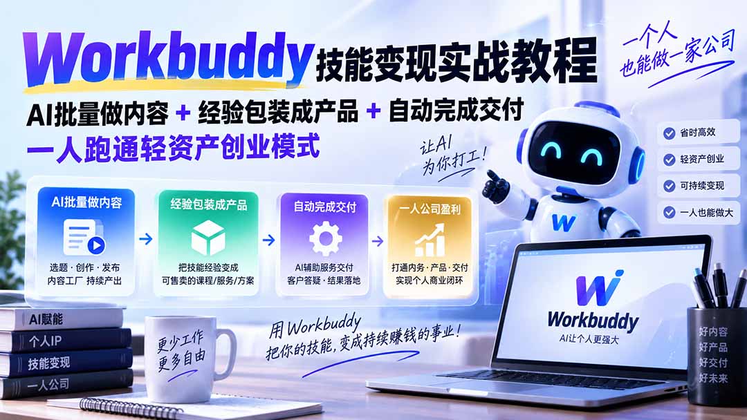 （20492期）Workbuddy技能变现实战教程：AI批量做内容+经验包装成产品+自动完成交付，一人跑通轻资产创业模式-宇文网创