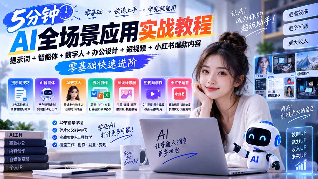 （20493期）AI全场景应用实战教程｜提示词+智能体+数字人+办公设计+短视频+小红书爆款内容，零基础快速进阶-宇文网创