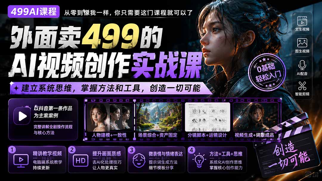 (20307期)外面卖499的AI视频创作实战课:建立系统思维,掌握方法和工具,创造一切可能。-宇文网创