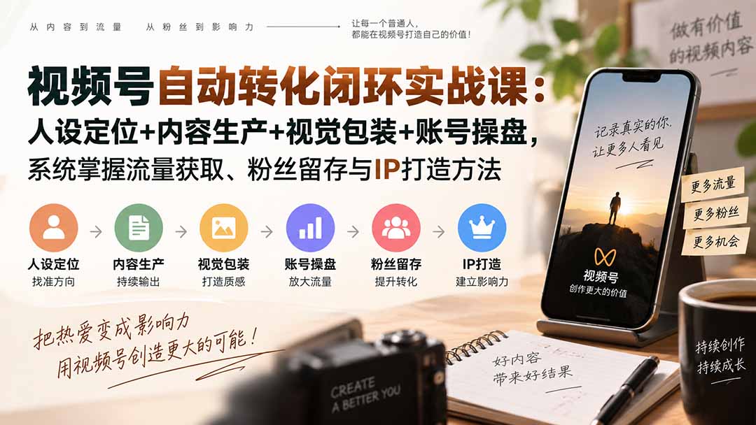（20327期）视频号自动转化闭环实战课：人设定位+内容生产+视觉包装+账号操盘，系统掌握流量获取、粉丝留存与IP打造方法-宇文网创