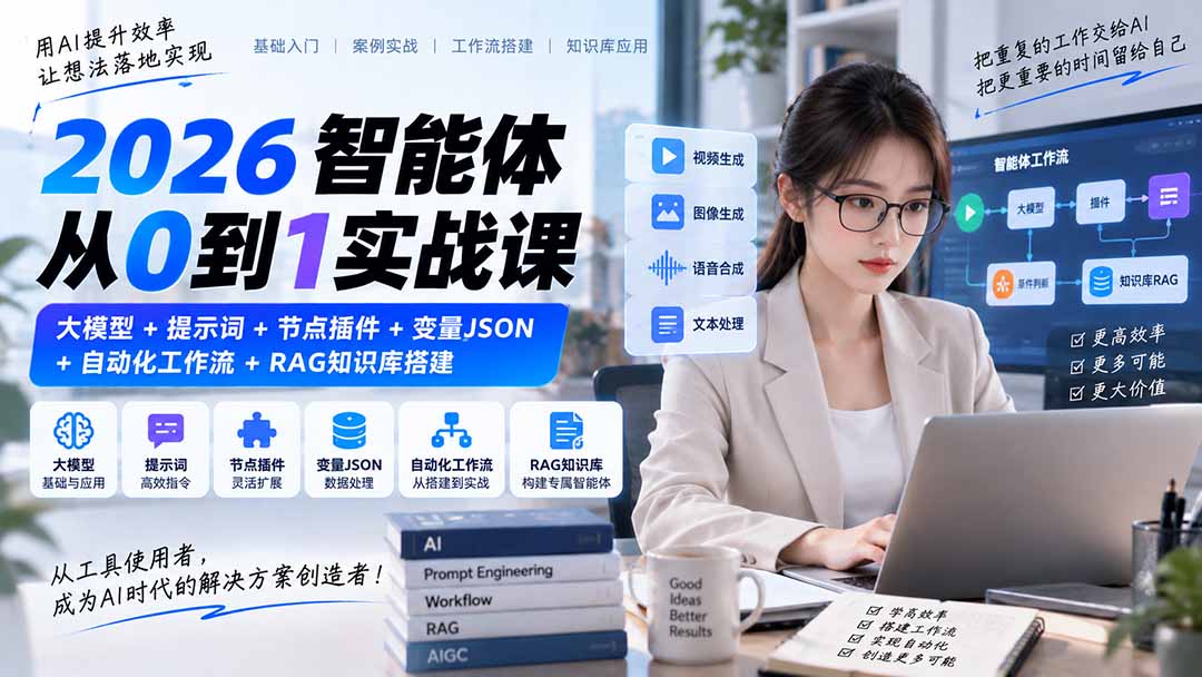 (20546期)2026智能体从0到1实战课|大模型+提示词+节点插件+变量JSON+自动化工作流+RAG知识库搭建-宇文网创