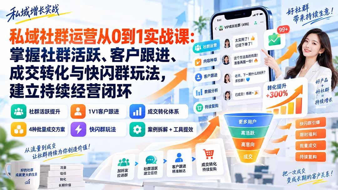 (20428期)私域社群运营从0到1实战课:掌握社群活跃、客户跟进、成交转化与快闪群玩法,建立持续经营闭环-宇文网创