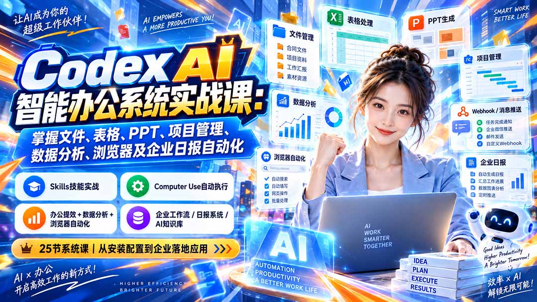 (20446期)Codex AI智能办公系统实战课:掌握文件、表格、PPT、项目管理、数据分析、浏览器及企业日报自动化-宇文网创