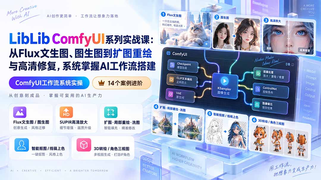 (20368期)LibLib ComfyUI系列实战课:从Flux文生图、图生图到扩图重绘与高清修复,系统掌握AI工作流搭建-宇文网创