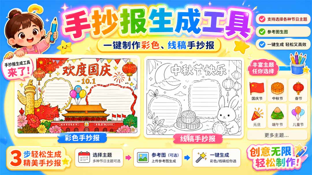 （20265期）手抄报批量生成工具来了，完全免费，告别豆包生图，这个高清无水印-宇文网创