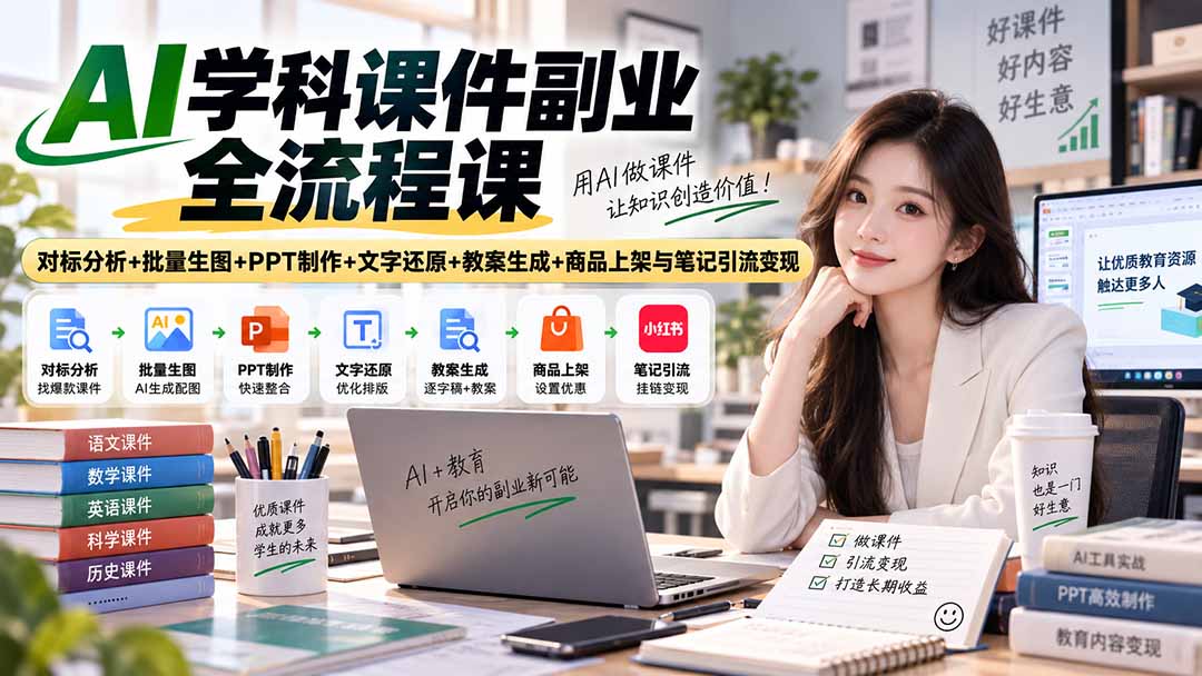 (20469期)AI学科课件副业全流程课|对标分析+批量生图+PPT制作+文字还原+教案生成+商品上架与笔记引流变现-宇文网创