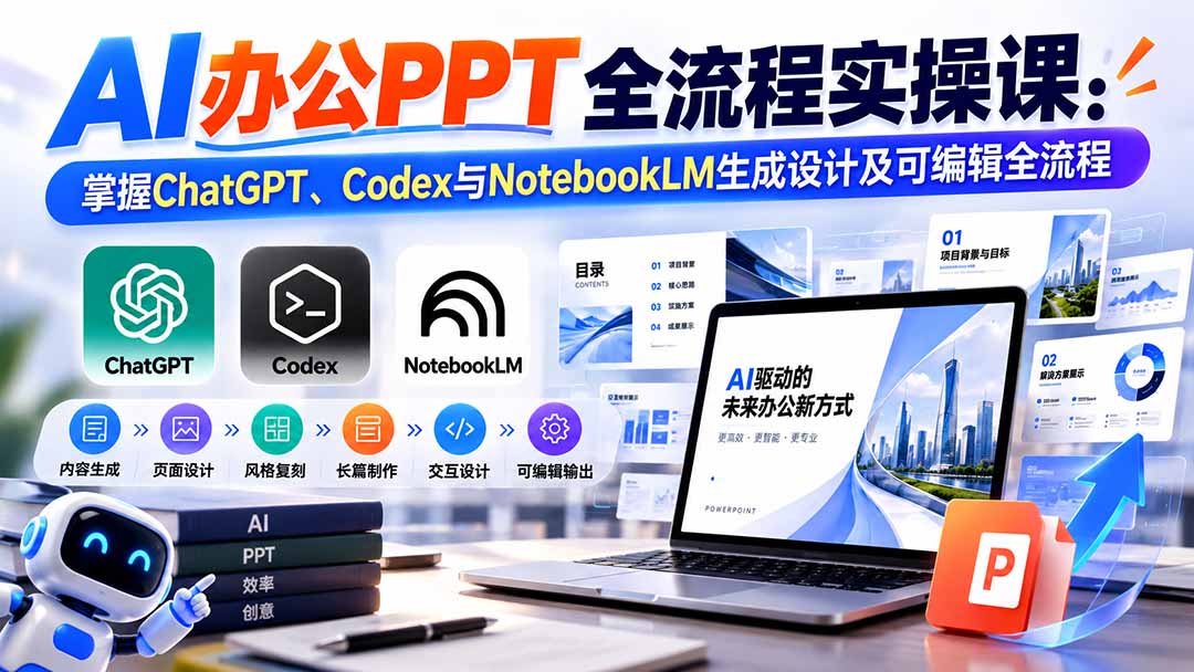 (20660期)【无水印】AI办公PPT全流程实操课: 掌握ChatGPT、Codex与NotebookLM生成设计及可编辑全流程-宇文网创