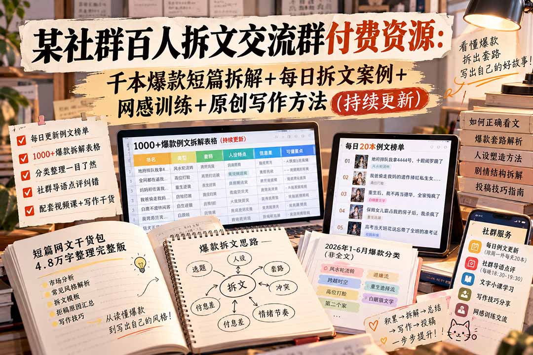 （20635期）某社群百人拆文交流群付费资源：千本爆款短篇拆解+每日拆文案例+网感训练+原创写作方法 (持续更新)-宇文网创