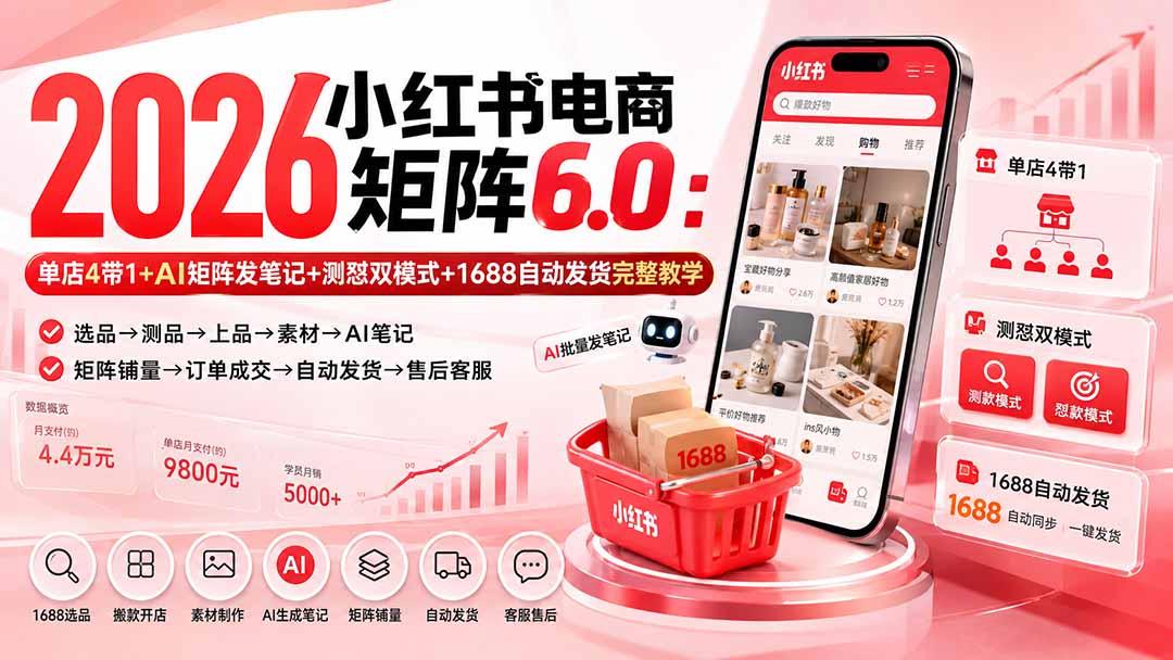 (20310期)2026小红书电商矩阵6.0:单店4带1+AI矩阵发笔记+测怼双模式+1688自动发货完整教学-宇文网创