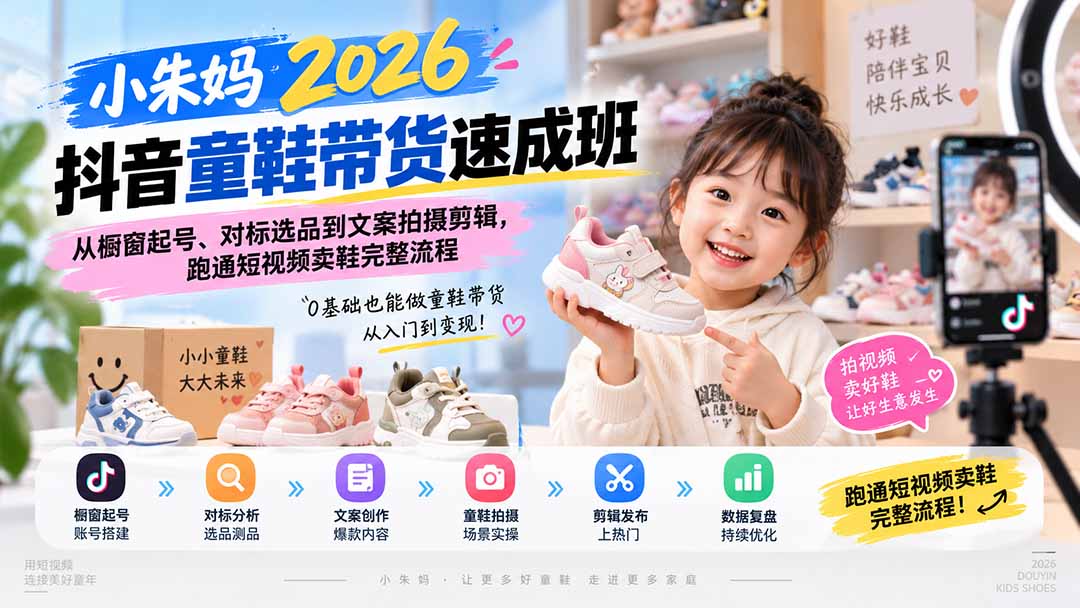 （20267期）小朱妈2026抖音童鞋带货速成班：从橱窗起号、对标选品到文案拍摄剪辑，跑通短视频卖鞋完整流程-宇文网创
