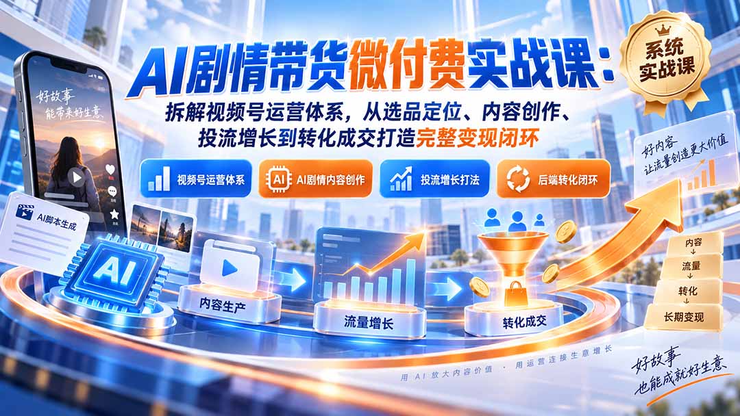（20611期）AI剧情带货微付费实战课：拆解视频号运营体系，从选品定位、内容创作、投流增长到转化成交打造完整变现闭环-宇文网创