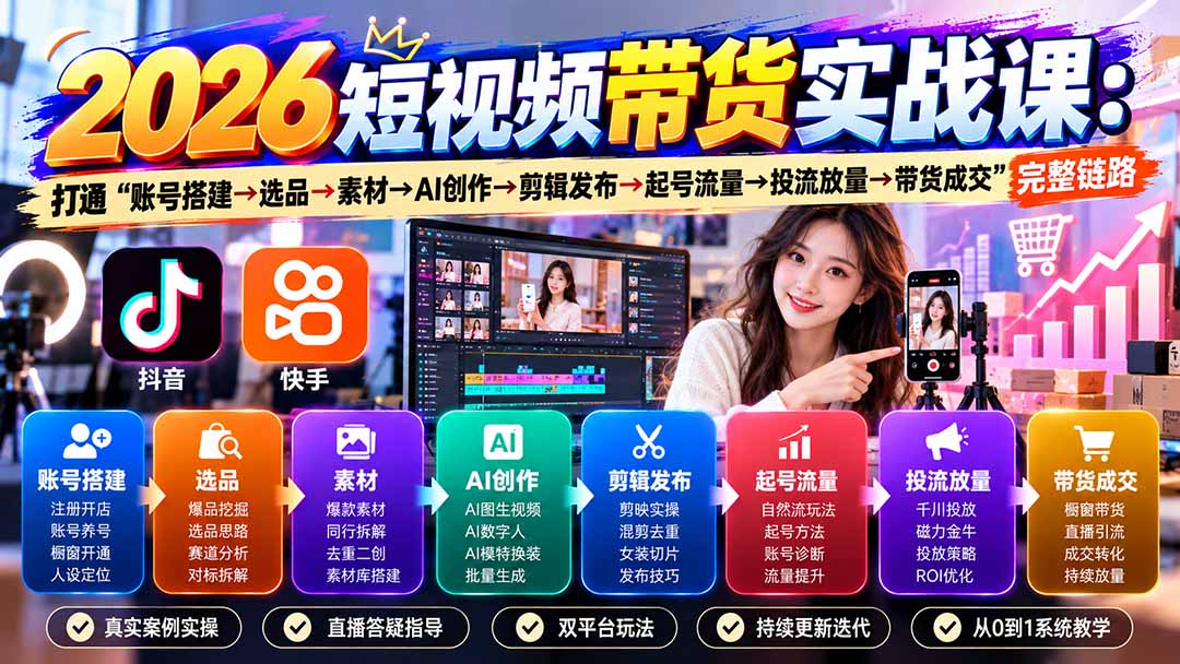 (20731期)2026短视频带货实战课9月:打通“账号搭建→选品→素材→AI创作→剪辑发布→起号流量→投流放量→带货成交”完整链路-宇文网创