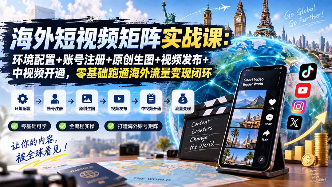 (20470期)海外短视频矩阵实战课:环境配置+账号注册+原创生图+视频发布+中视频开通,零基础跑通海外流量变现闭环-宇文网创