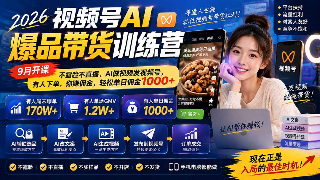 （20537期）2026视频号AI爆品带货训练营-9月开课｜不露脸不直播，AI做视频发视频号，有人下单，你赚佣金，轻松单日佣金1000+-宇文网创