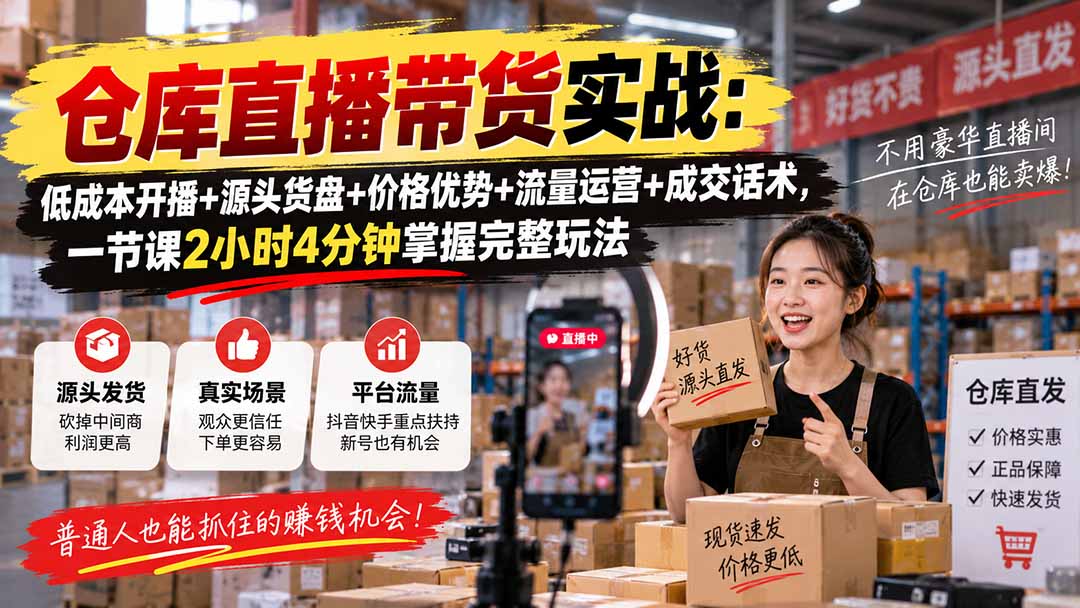 （20471期）仓库直播带货实战：低成本开播+源头货盘+价格优势+流量运营+成交话术，一节课2小时4分钟掌握完整玩法-宇文网创