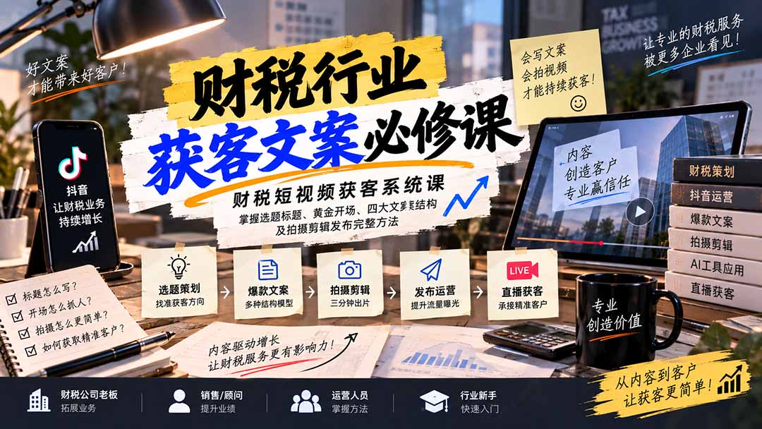 （20591期）财税短视频获客系统课：掌握选题标题、黄金开场、四大文案结构及拍摄剪辑发布完整方法-宇文网创