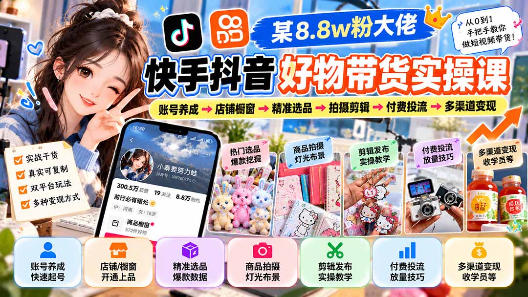 (20733期)某8.8w粉大佬快手抖音好物带货实操课:账号养成→店铺橱窗→精准选品→拍摄剪辑→付费投流→多渠道变现-宇文网创