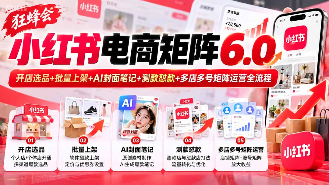 （20732期）【无水印】狂蜂会小红书电商矩阵6.0：开店选品+批量上架+AI封面笔记+测款怼款+多店多号矩阵运营全流程-宇文网创