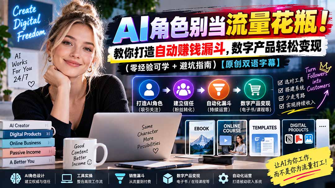 （20475期）AI角色别当流量花瓶！教你打造自动赚钱漏斗，数字产品轻松变现（零经验可学+避坑指南）【原创双语字幕】-宇文网创