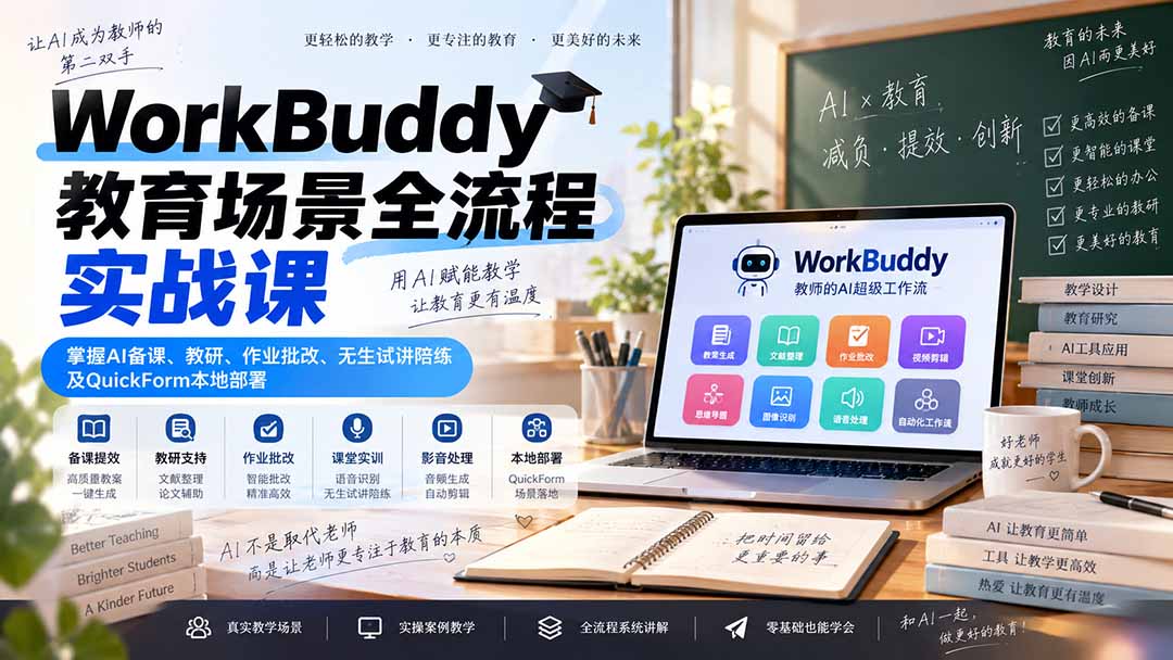 （20518期）WorkBuddy教育场景全流程实战课：掌握AI备课、教研、作业批改、无生试讲陪练及QuickForm本地部署-宇文网创