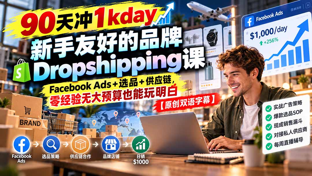 （20738期）90天冲1kday 新手友好的品牌Dropshipping课：Facebook Ads+选品+供应链，零经验无大预算也能玩明白【原创双语字幕】-宇文网创