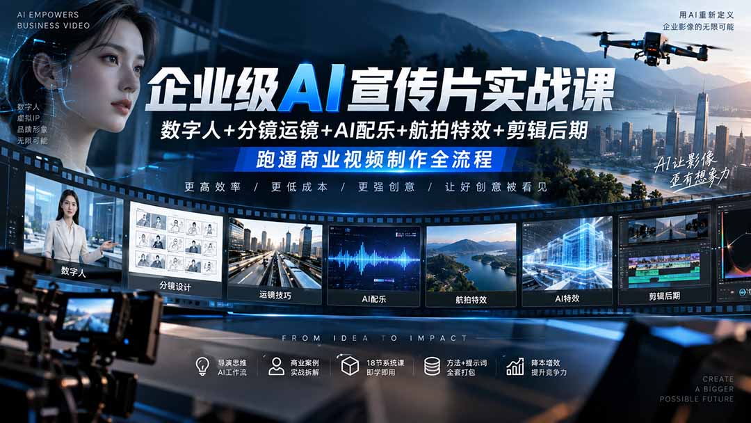 （20548期）企业级AI宣传片实战课｜数字人+分镜运镜+AI配乐+航拍特效+剪辑后期，跑通商业视频制作全流程-宇文网创