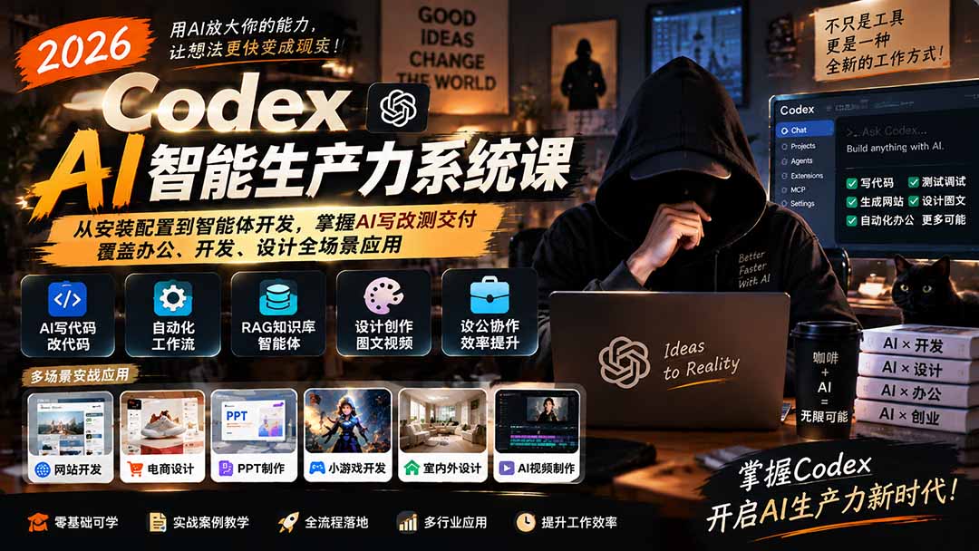 （20535期）2026 Codex AI智能生产力系统课-更新｜从安装配置到智能体开发，掌握AI写改测交付，覆盖办公、开发、设计全场景应用-宇文网创