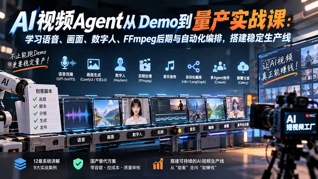 （20451期）AI视频Agent从Demo到量产实战课：学习语音、画面、数字人、FFmpeg后期与自动化编排，搭建稳定生产线-宇文网创