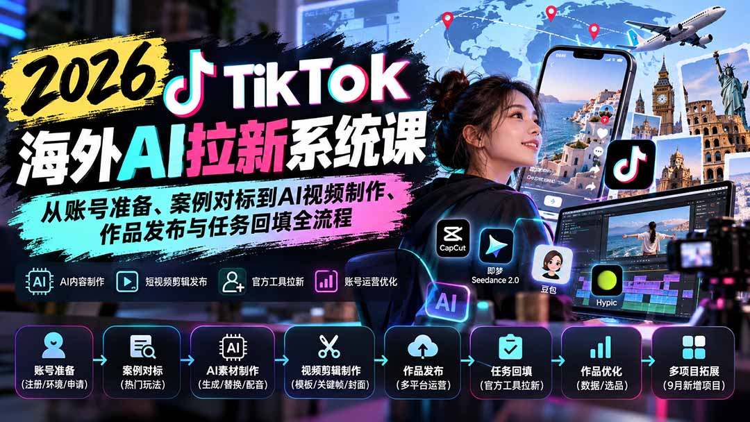 (20675期)【无水印】2026 TikTok海外AI拉新系统课:从账号准备、案例对标到AI视频制作、作品发布与任务回填全流程-宇文网创