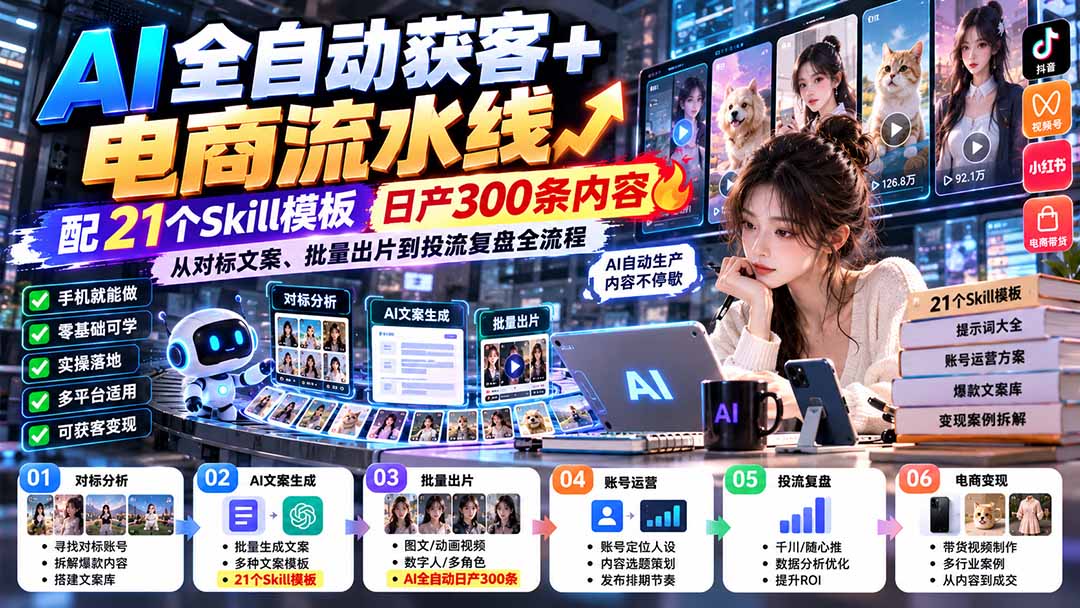 （20701期）【无水印】AI全自动获客+电商流水线-更新0928：配21个Skill模板，日产300条内容，从对标文案、批量出片到投流全流程-宇文网创