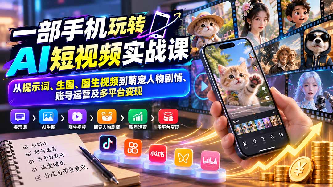 (20663期)一部手机玩转AI短视频实战课:从提示词、生图、图生视频到萌宠人物剧情、账号运营及多平台变现-宇文网创