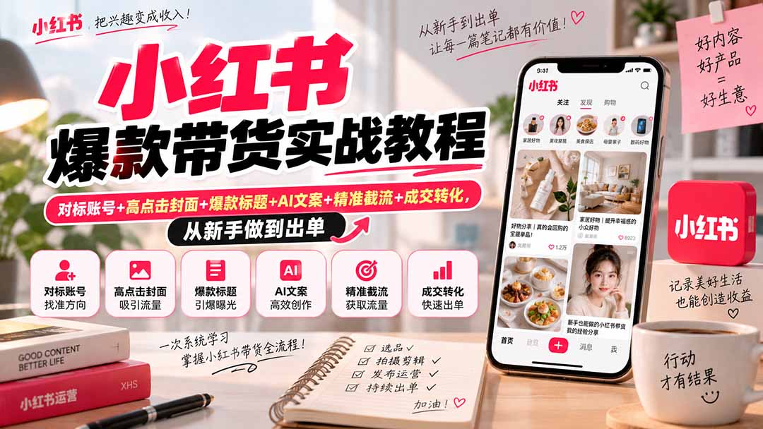 （20473期）小红书爆款带货实战教程｜对标账号+高点击封面+爆款标题+AI文案+精准截流+成交转化，从新手做到出单-宇文网创