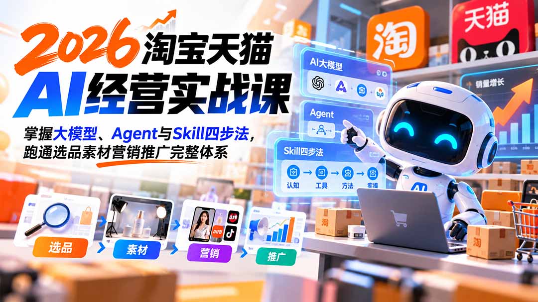 (20676期)【无水印】2026淘宝天猫AI经营实战课:掌握大模型、Agent与Skill四步法,跑通选品素材营销推广完整体系-宇文网创
