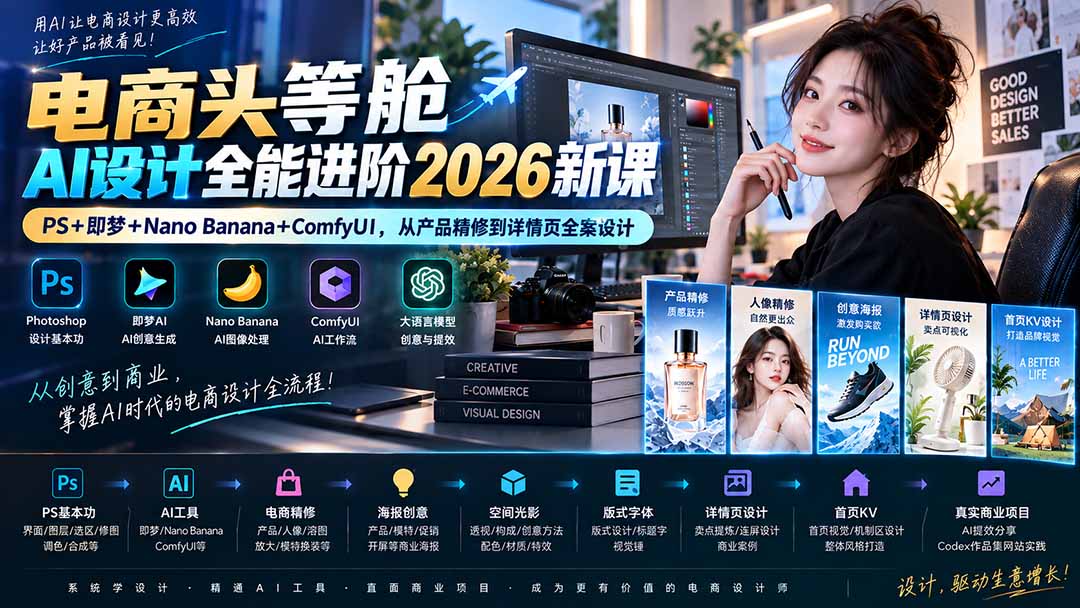 (20284期)电商头等舱AI设计全能进阶2026新课:PS+即梦+Nano Banana+ComfyUI,从产品精修到详情页全案设计-宇文网创