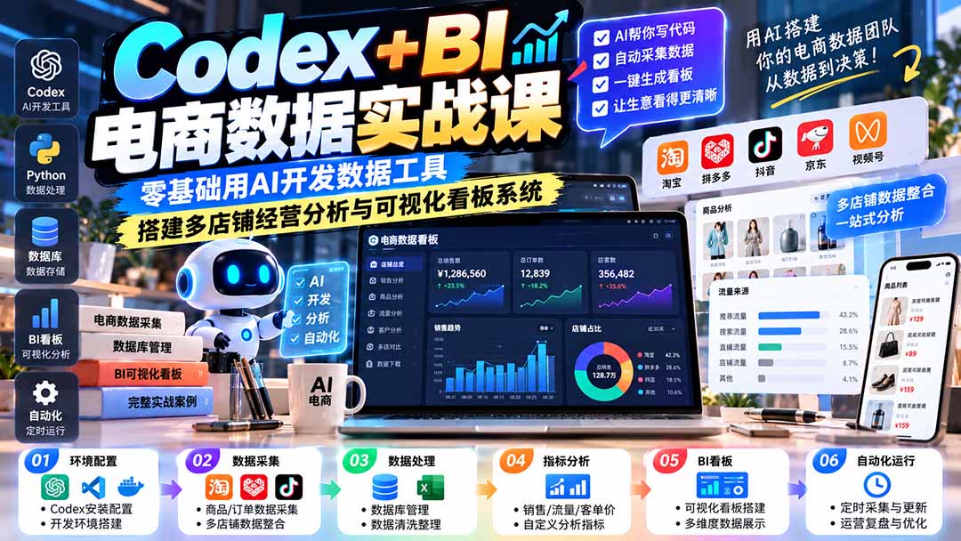(20665期)Codex+BI电商数据实战课:零基础用AI开发数据工具,搭建多店铺经营分析与可视化看板系统-宇文网创