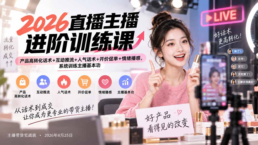 （20408期）2026直播主播进阶训练课：产品高转化话术+互动推流+人气话术+开价促单+情绪播感，系统训练主播基本功-宇文网创