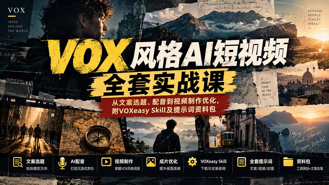(20677期)【无水印】VOX风格AI短视频全套实战课:从文案选题、配音到视频制作优化,附VOXeasy Skill及提示词资料包-宇文网创