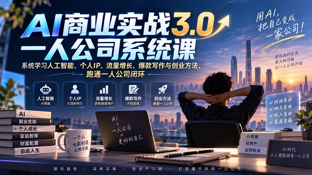 (20249期)AI商业实战3.0一人公司系统课:系统学习人工智能、个人IP、流量增长、爆款写作与创业方法,跑通一人公司闭环-宇文网创