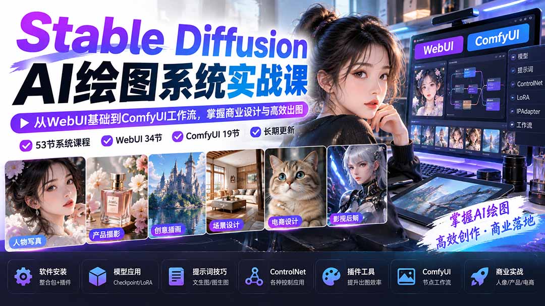 (20678期)Stable Diffusion AI绘图系统实战课:从WebUI基础到ComfyUI工作流,掌握商业设计与高效出图-宇文网创