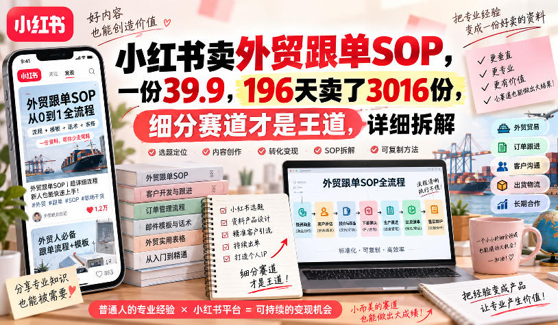 小红书卖外贸跟单sop,一份39.9,196天卖了3016份,细分赛道才是王道,详细拆解-宇文网创