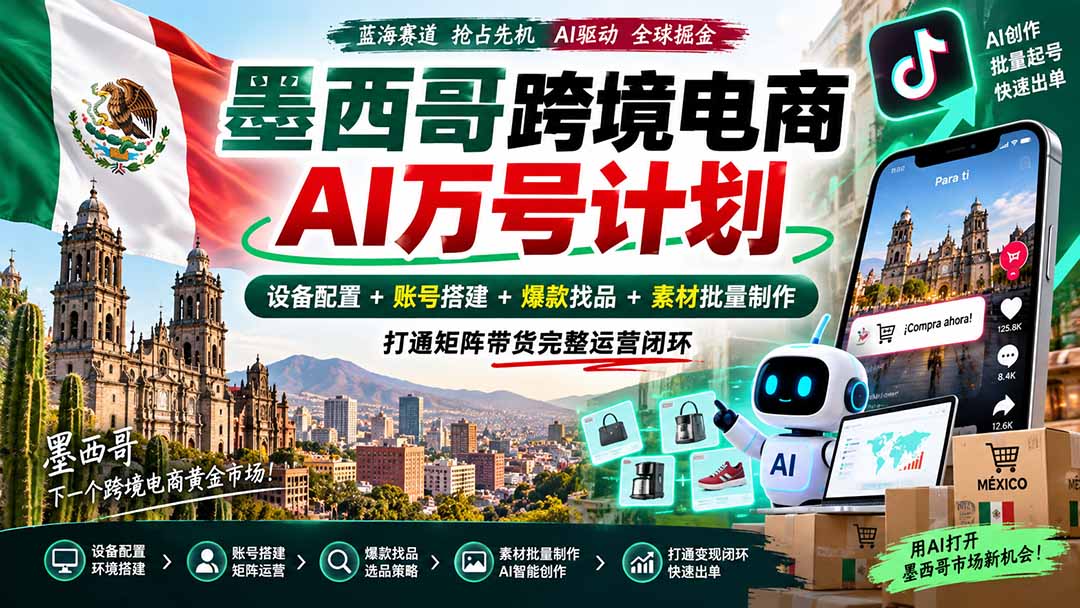 (20500期)墨西哥AI跨境电商万号计划|设备配置+账号搭建+爆款找品+素材批量制作,打通矩阵带货完整运营闭环-宇文网创